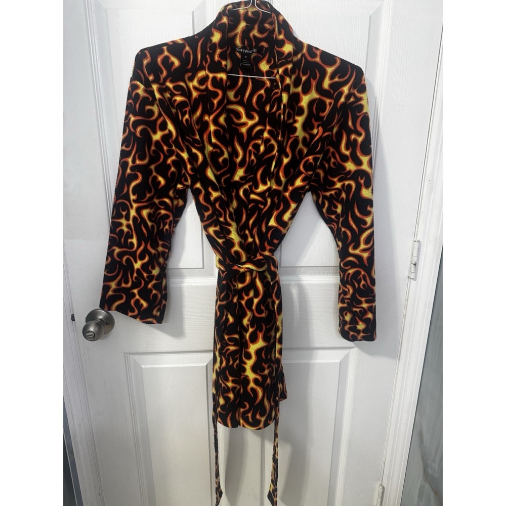 SoftWear Adult M Flame Print Fleece Bathrobe Belted Black Orange Fire Robe Y2K